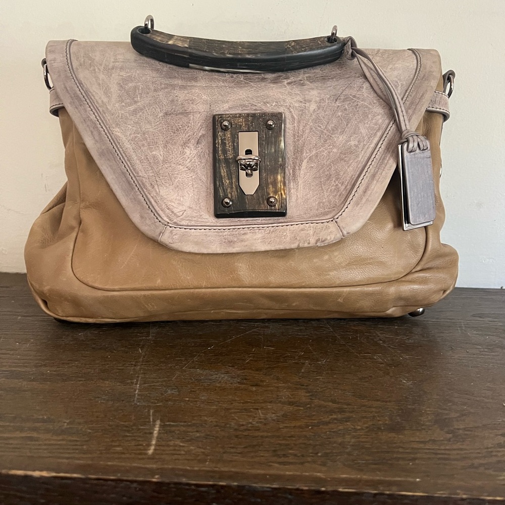 Joy Gryson Isla Colorblock Two Tone Gray Taupe Elegant Leather Satchel